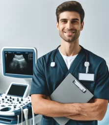 DALL·E 2025-01-17 12.13.21 - A friendly and professional technician for ultrasound equipment, standing confidently with a smile. The technician is wearing a medical uniform with a