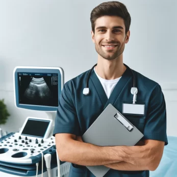 DALL·E 2025-01-17 12.13.21 - A friendly and professional technician for ultrasound equipment, standing confidently with a smile. The technician is wearing a medical uniform with a
